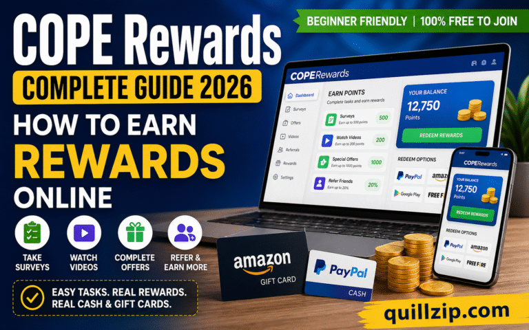 COPERewards guide 2026 showing laptop and mobile dashboard with surveys, offers, and reward earnings, including PayPal cash and Amazon gift cards, branded with quillzip.com